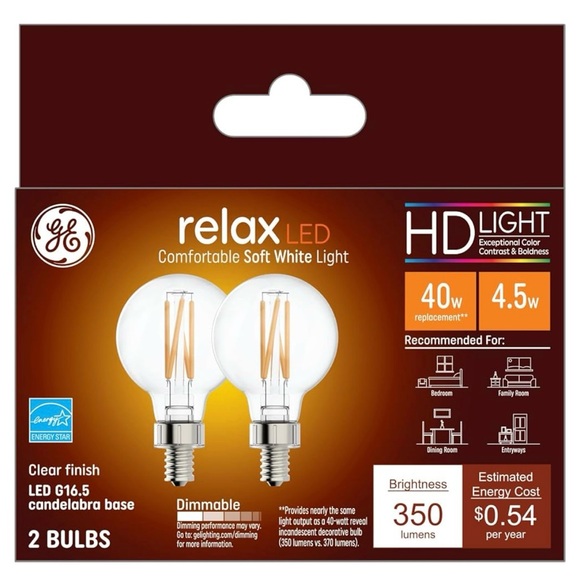 GE‎ Relax LED Candelabra Bulbs Soft White Dimmable 40 Watts G16.5 - 2 Pack - Picture 2 of 15